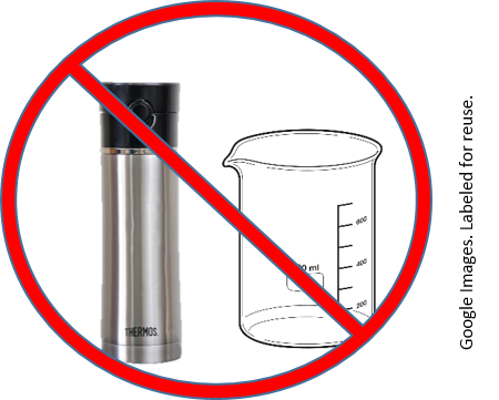 A drink thermos and glass beaker with a buster sign superimposed on them