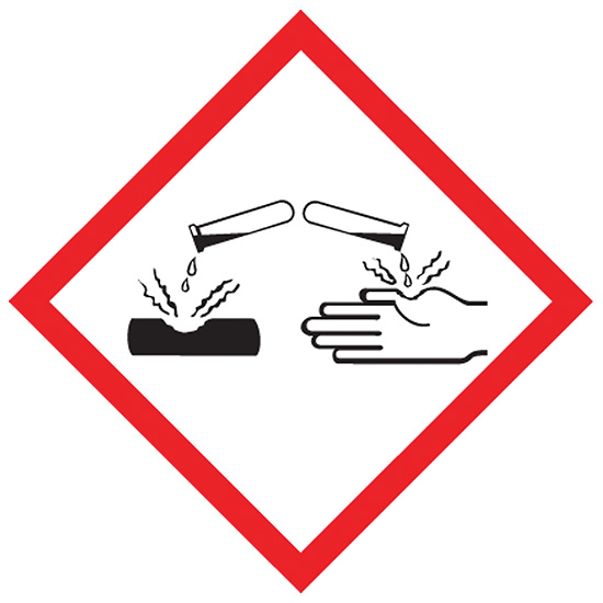 GHS pictogram for corrosive hazard.  Red bordered diamond surface and hand being burned by corrosive liquid from test tube.