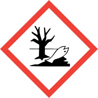 GHS pictogram for environmental hazard.  Red bordered diamond with black puddle under a dead tree with a dead fish.
