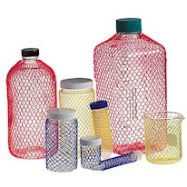 glass flasks in poly netting